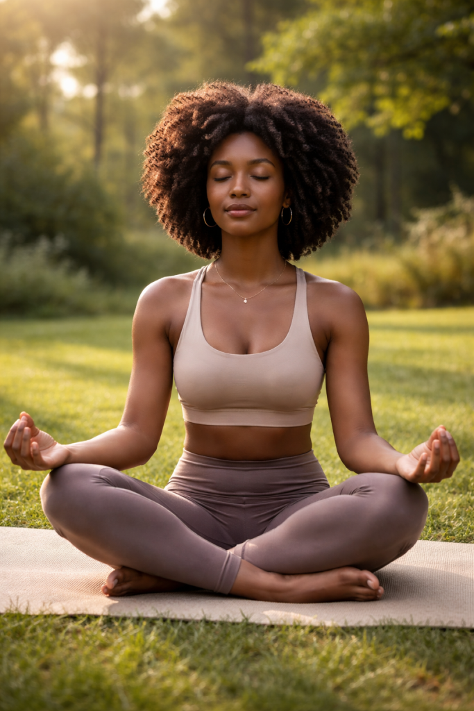 Black woman sitting cross-legged on a yoga mat outdoors with eyes closed, practicing calm breathing or meditation