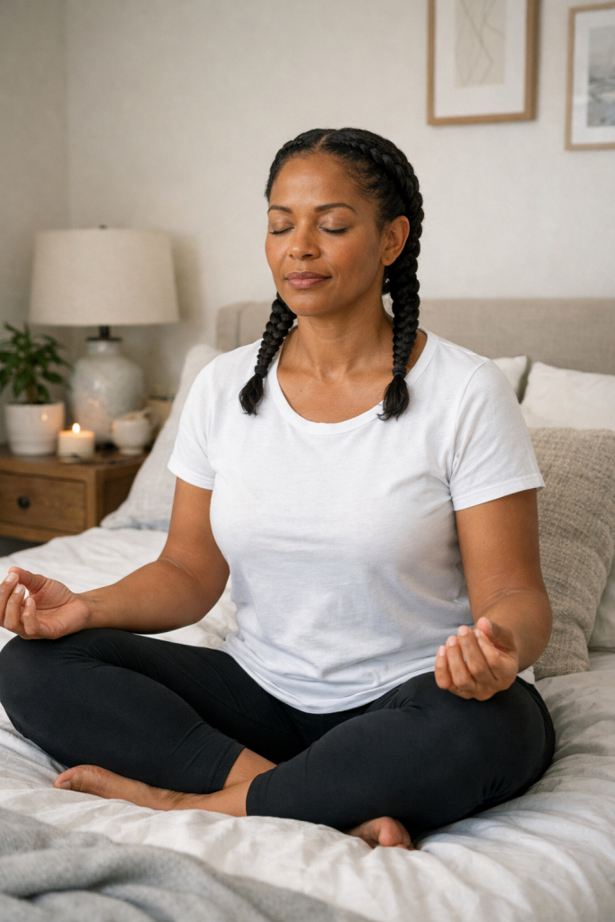 Black woman sitting cross-legged on a bed with eyes closed, practicing quiet breathing or meditation in a calm bedroom setting