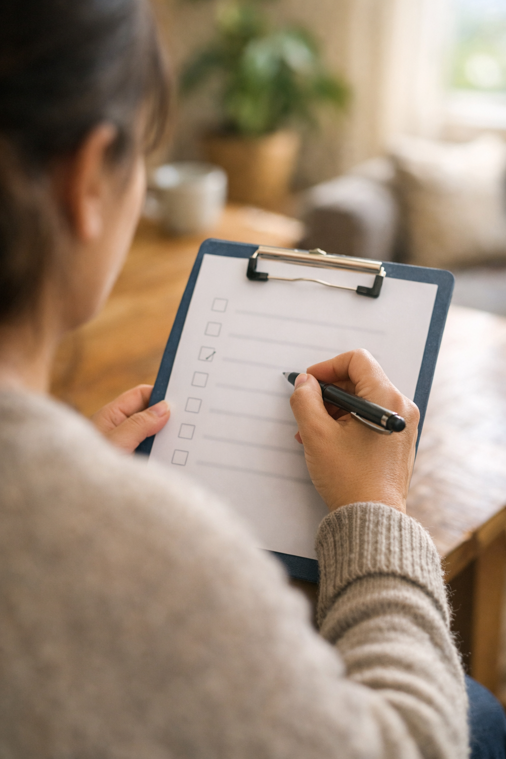 Woman reviewing a weekly caregiver checklist for tracking care patterns and supervision needs