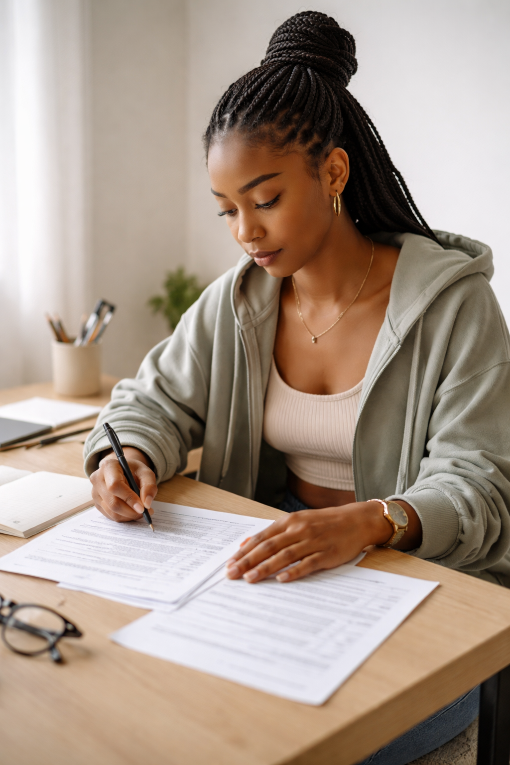 Black woman seated at a desk reviewing paperwork and writing notes on printed forms.