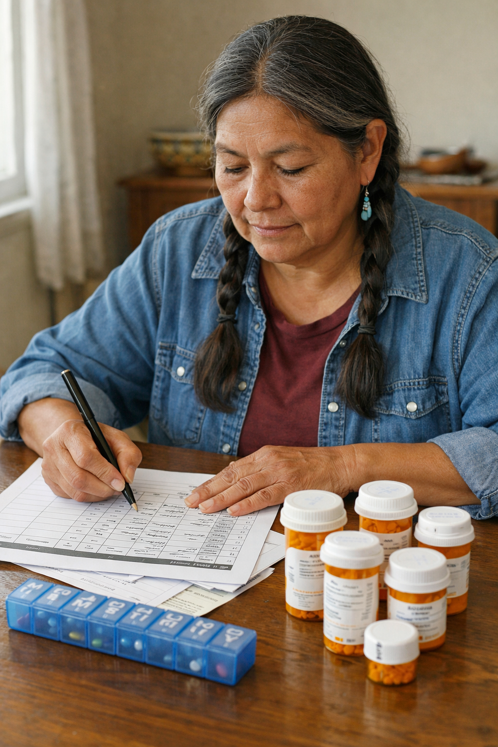 Native American woman caregiver organizing medication bottles and documenting doses on a printed medication log at home