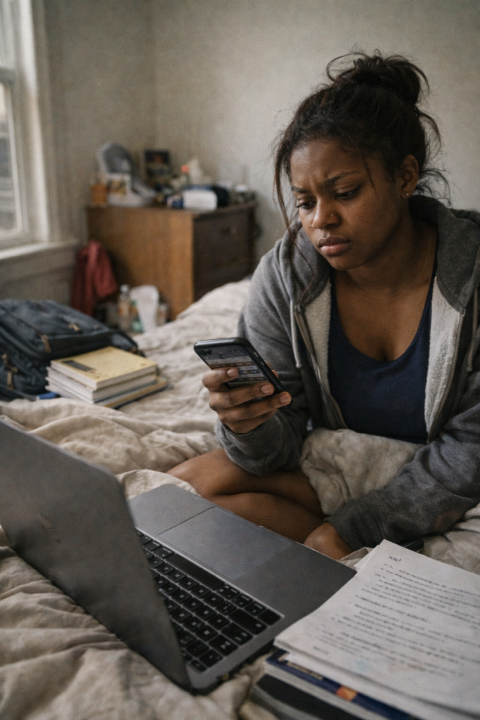 Young sibling caregiver balancing college and mental health caregiving