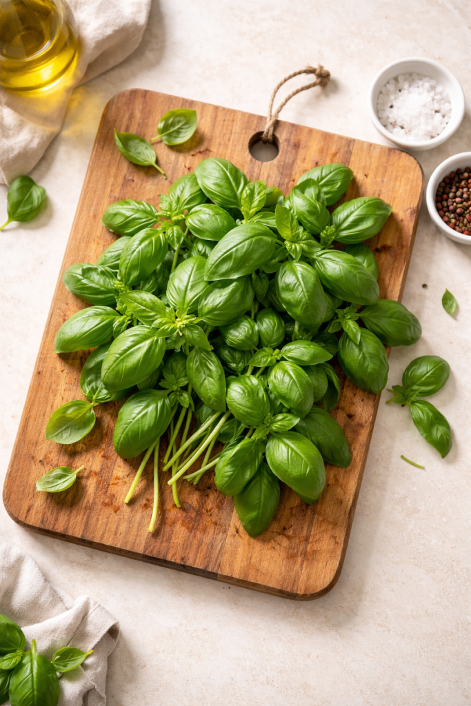 Fresh basil leaves on a cutting board on a kitchen counter in natural daylight