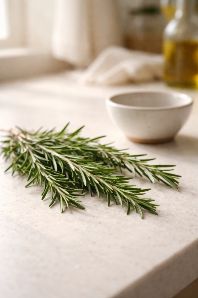 Fresh rosemary sprigs resting on a kitchen counter beside a small bowl