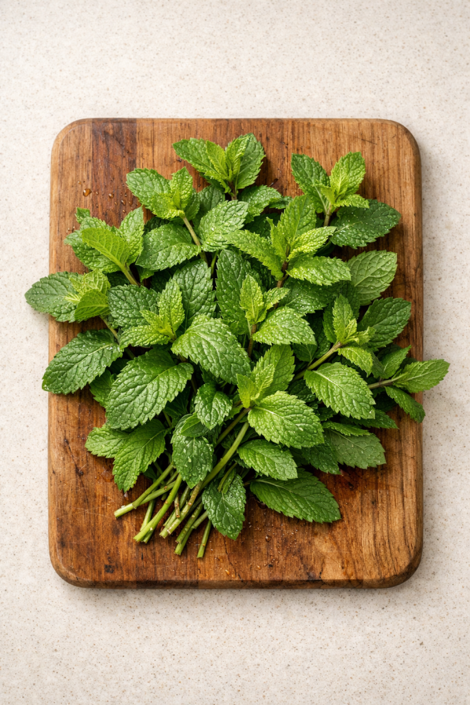 Fresh mint leaves arranged on a cutting board on a kitchen counter