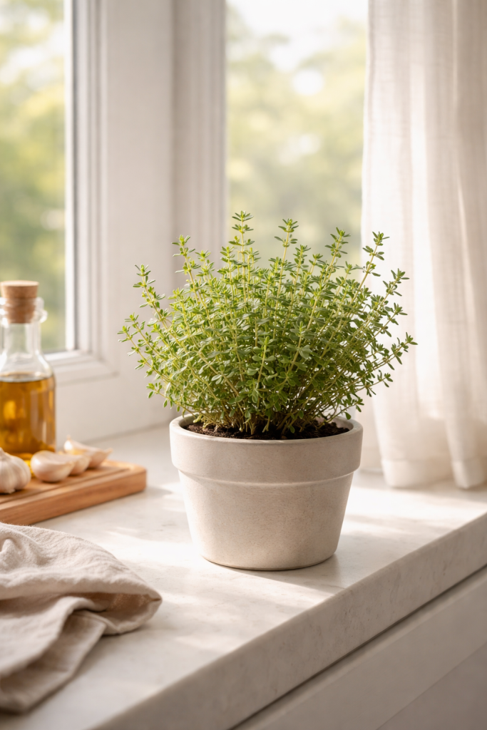 Small potted thyme plant sitting on a kitchen windowsill in natural light