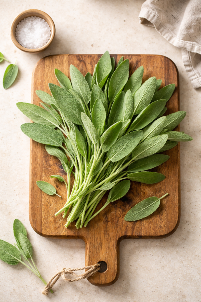 Fresh sage leaves on a wooden cutting board on a kitchen counter