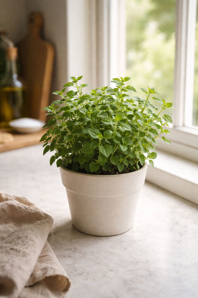 Small potted oregano plant sitting on a kitchen counter near a window