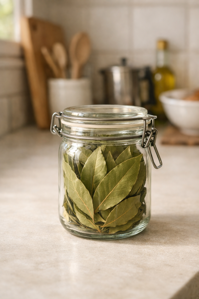 Bay leaves stored in a clear glass jar on a light kitchen counter in natural daylight