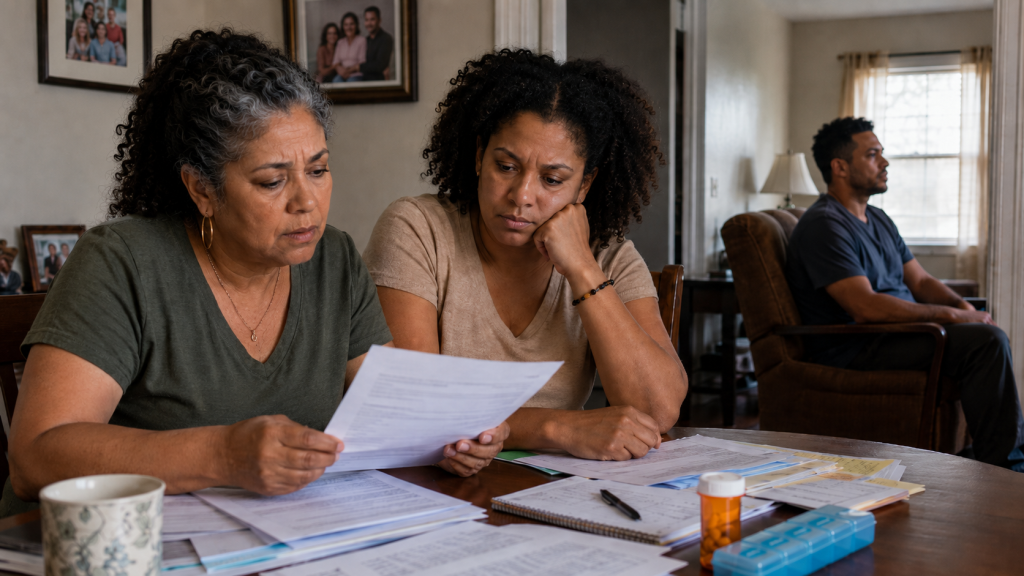 Mother and daughter handling serious mental illness caregiving paperwork while their adult son sits apart