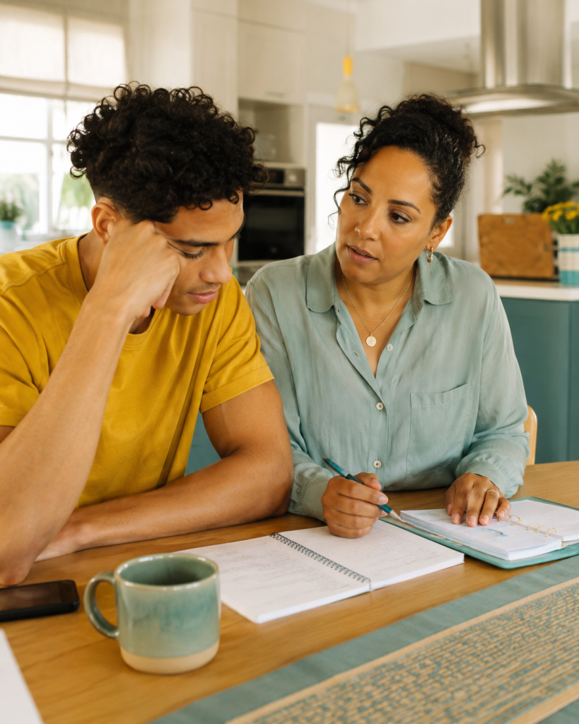 Young family caregiver reviewing care notes with her teenage brother for a caregiver support nonprofit