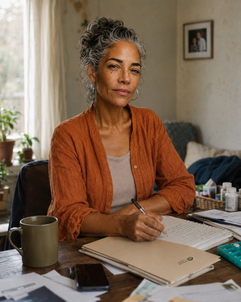 Older family caregiver organizing medical documents, medication information, and care notes at home