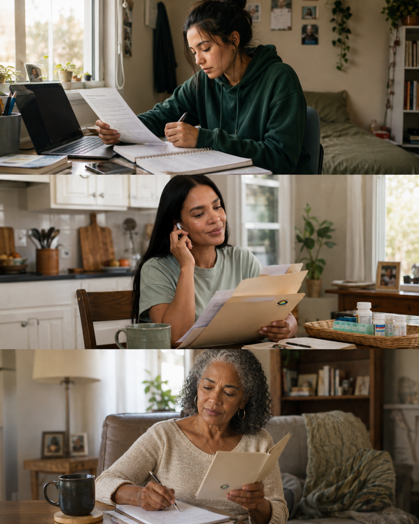 Family caregivers of different ages managing disability paperwork, healthcare calls, medication, and daily support