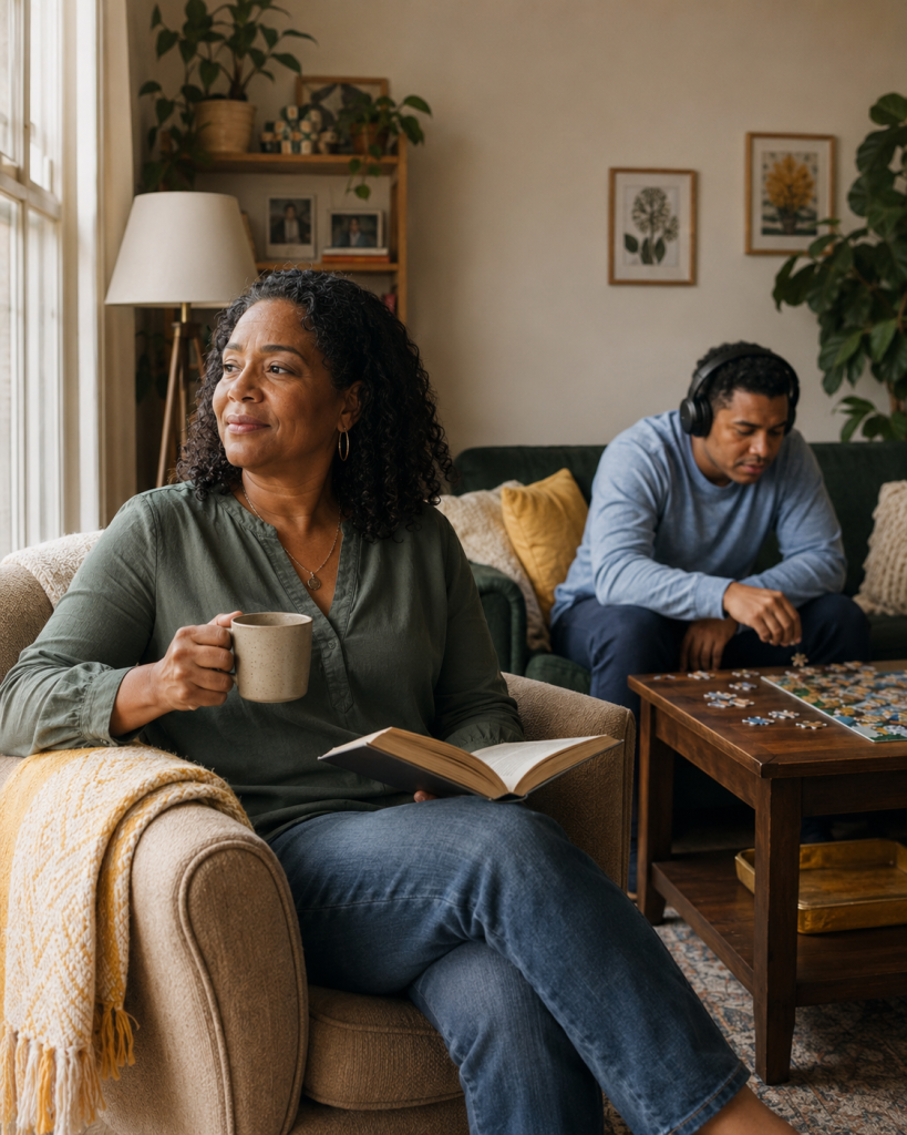 Family caregiver taking a quiet moment while supporting an adult relative with a disability at home